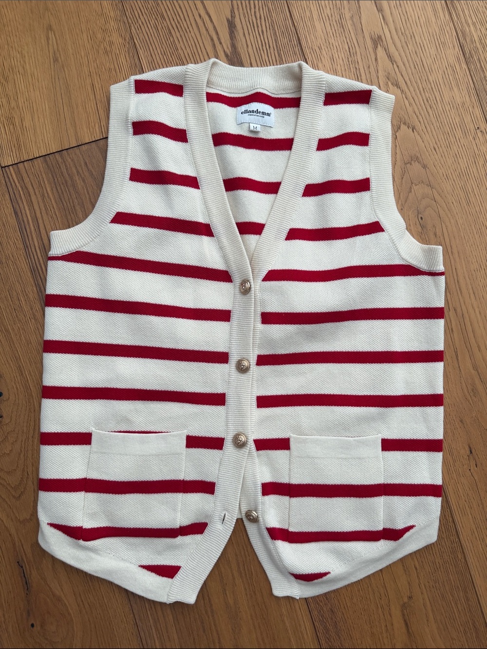 Ellandemm Cream and Red Striped V-Neck Button Sleeveless Vest M